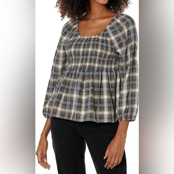 Tommy Jeans Womens Size Medium Plaid Peplum Smocked Top •Scoop Neck Long Sleeves - Picture 16 of 16